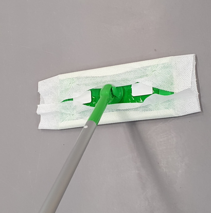 Pre-saturated wipes can be used with a mop on large surfaces