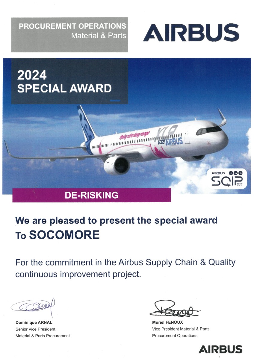 SOCOMORE reçoit le "Special Award" SQIP 2024 d’Airbus dans la catégorie "De-Risking"